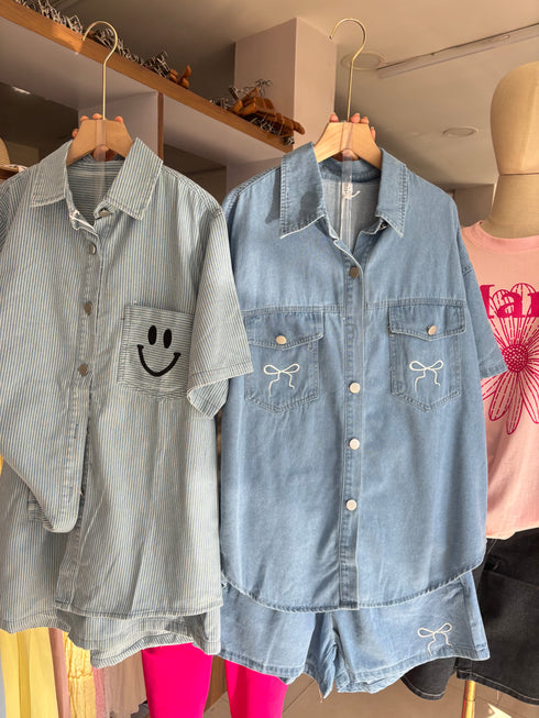 Denim shirt with short set